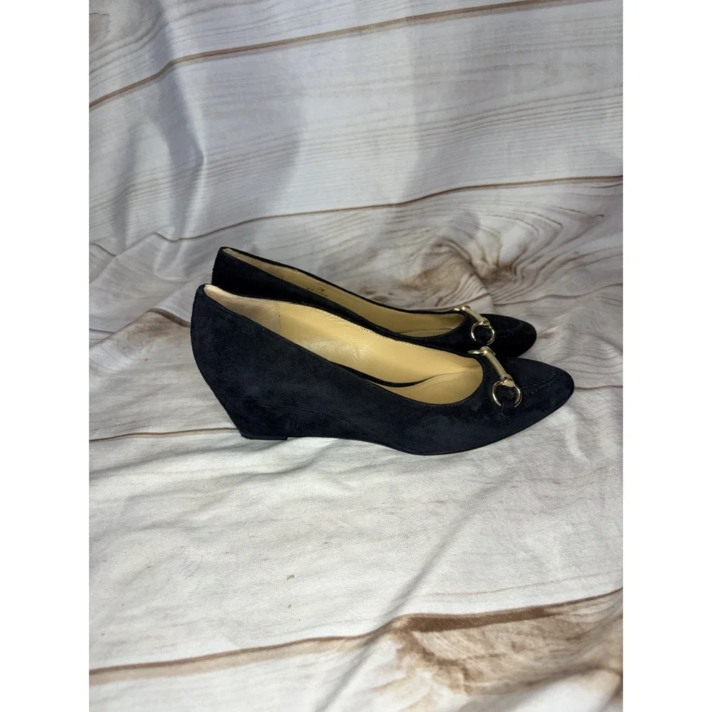 Talbots Black Suede Leather Wedges Horsebit Size‎ 7M Classic Timeless